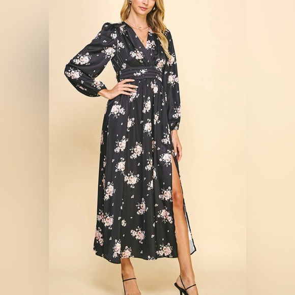 Pinch Dresses & Skirts - Pinch Women’s Black Satin Smoked Maxi Slit Floral Long Sleeve V Neck Dress Med